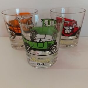 Vintage Hazel Atlas Antique Automobile Barware Glass Set Of 3